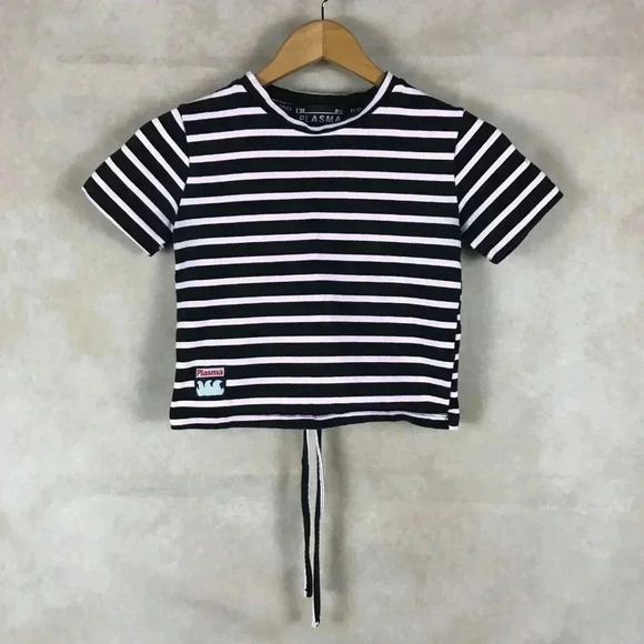 PLASMA SPHERE Korea Black/Pink Striped Crop Top - Picture 1 of 10